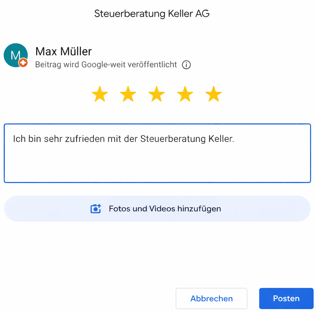 Beispiel Google-Bewertung für Steuerberatung Keller AG