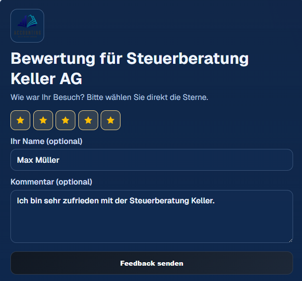 Bewertungsformular der Steuerberatung Keller AG mit Sterne-Auswahl
